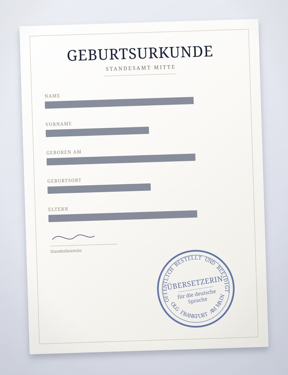 Geburtsurkunde mit beglaubigter Übersetzung und blauem Stempel der vereidigten Übersetzerin