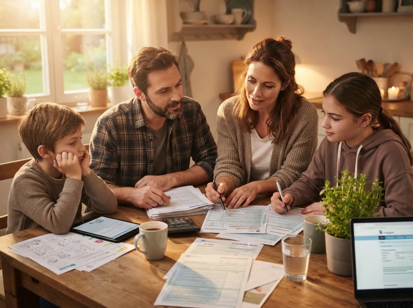 Eine Familie sitzt mit Formularen am Küchentisch